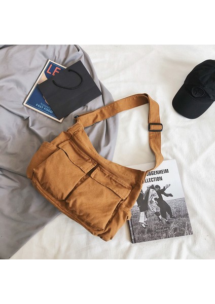 Kahverengi Rahat Tüm Maç Kadın Kanvas Büyük Kapasiteli Omuz Crossbody Çanta Unisex Moda Çok Cep Düz Renk Postacı Çantası (Yurt Dışından)