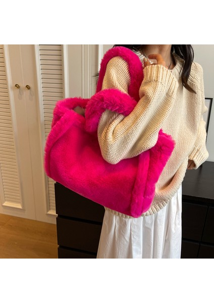 Gül Kırmızı Bir Kadın Peluş Omuz Çantası Yumuşak Tüylü Tote Çanta Sevimli Kabarık Üst Saplı Çanta Trendy Kadın Büyük Kapasiteli Alışveriş Işe Gidiş Çantası (Yurt Dışından)