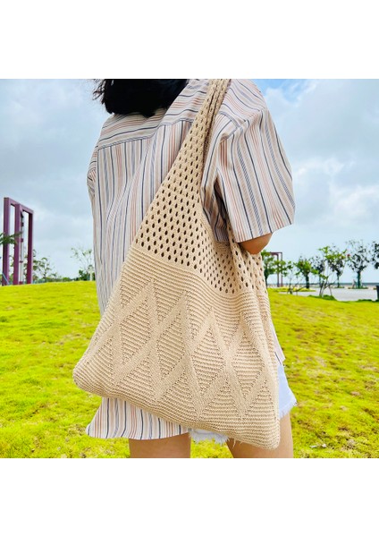 Bej Tasarımcı Örme Çanta Kadın Büyük Kapasiteli Tote Kadın Omuz Çantası Yaz Plaj Çantası Çantalar Rahat Içi Boş Dokuma Alışveriş (Yurt Dışından) fiyatları