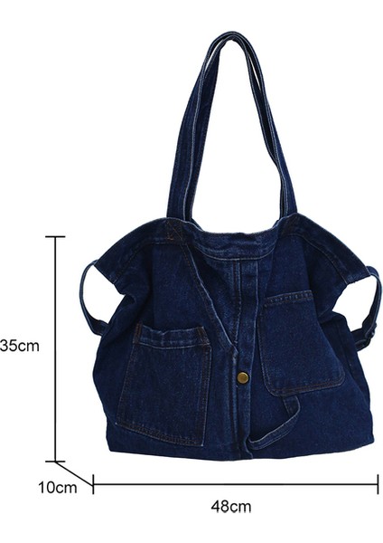 Koyu Mavi Denim Kadın Omuz Çantası Çanta Yeniden Kullanılabilir Bayan Çanta Tuval Alışveriş Seyahat Omuz Çantaları Kadın Alışveriş Messenger Çanta (Yurt Dışından)