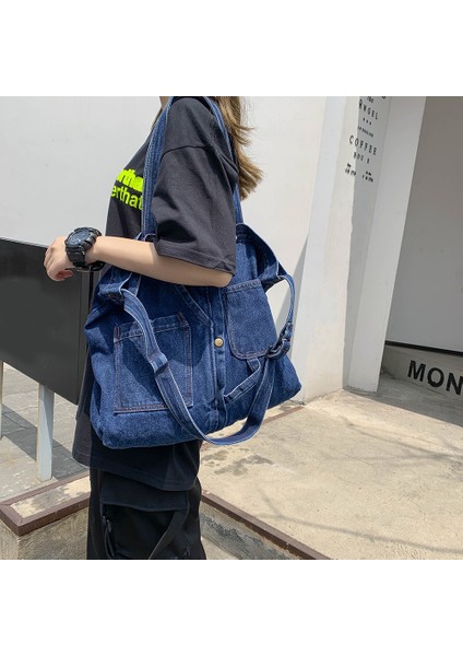 Koyu Mavi Denim Kadın Omuz Çantası Çanta Yeniden Kullanılabilir Bayan Çanta Tuval Alışveriş Seyahat Omuz Çantaları Kadın Alışveriş Messenger Çanta (Yurt Dışından) modelleri