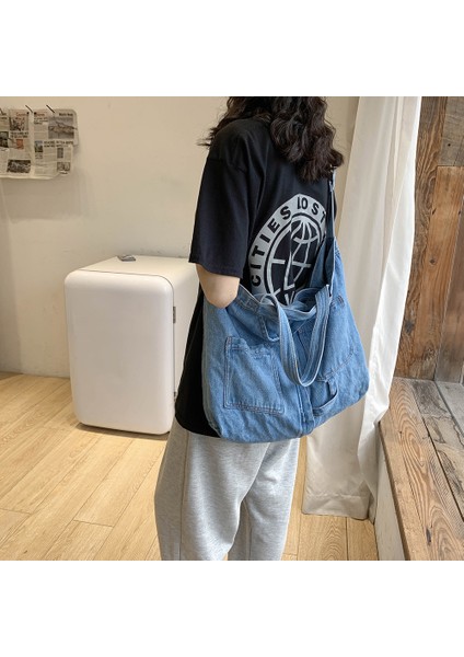 Koyu Mavi Denim Kadın Omuz Çantası Çanta Yeniden Kullanılabilir Bayan Çanta Tuval Alışveriş Seyahat Omuz Çantaları Kadın Alışveriş Messenger Çanta (Yurt Dışından) fırsatları