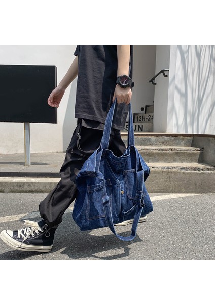 Koyu Mavi Denim Kadın Omuz Çantası Çanta Yeniden Kullanılabilir Bayan Çanta Tuval Alışveriş Seyahat Omuz Çantaları Kadın Alışveriş Messenger Çanta (Yurt Dışından) indirimleri