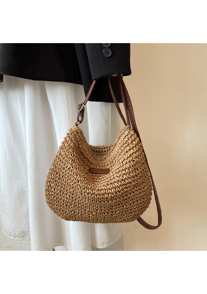 Açık Kahverengi 2023 Bayanlar Moda Yaz Saman Crossbody Çanta Kadın Plaj Tatil Alışveriş Çantası Dokuma Omuz Çanta Messenger Çantalar Çanta (Yurt Dışından)