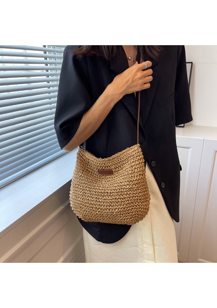 Açık Kahverengi 2023 Bayanlar Moda Yaz Saman Crossbody Çanta Kadın Plaj Tatil Alışveriş Çantası Dokuma Omuz Çanta Messenger Çantalar Çanta (Yurt Dışından)