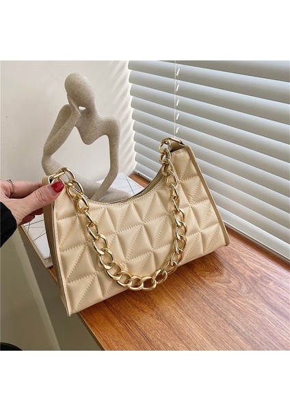 Bej 24.5X17.5X7CM Kadın Gelişmiş Elmas Çanta 2023 Yeni Trend Tüm Maç Omuz Çantası Niş Zincir Çanta Kadın Moda Doku Alışveriş Çantası (Yurt Dışından)