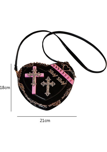 Siyah Kalp Messenger Çanta Gotik Lolita Perçin Çapraz Crossbody Çanta Metal Dekorasyon Pu Deri Retro Tarzı Günlük Seyahat Fotoğrafları Için Sevimli (Yurt Dışından)