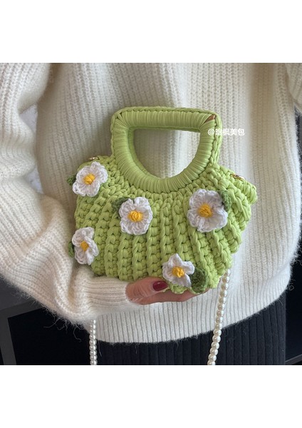 Yeşil Küçük Pamuk Ipliği Tığ Çanta Kadın Yaz Moda El Dokuma Tasarım Çanta Bayanlar Puf Çiçek Plaj Kabuk Çanta (Yurt Dışından)