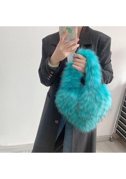 Yeşil Kalp Şeklinde Kürklü Omuz Çantası Kadın Çanta Y2K Kızlar Çanta Kabarık Taklit Kürk Crossbody Çanta Trendy Peluş Shopper Kış Çanta (Yurt Dışından) indirimleri