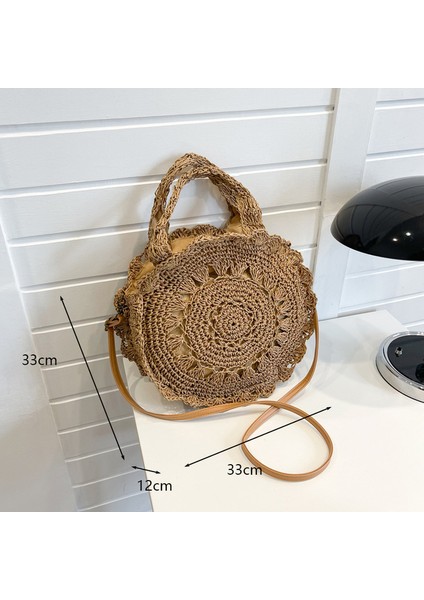 583-HAKI Resim Olarak Rahat Rattan Büyük Kapasiteli Tote Hasır Dokuma Kadın Çanta El Yapımı Yaz Plaj Hasır Kabuk Çanta Bayan Alışveriş Seyahat Çantası (Yurt Dışından)