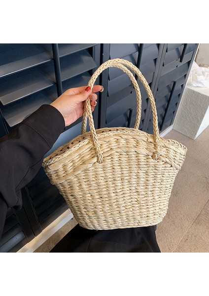 583-HAKI Resim Olarak Rahat Rattan Büyük Kapasiteli Tote Hasır Dokuma Kadın Çanta El Yapımı Yaz Plaj Hasır Kabuk Çanta Bayan Alışveriş Seyahat Çantası (Yurt Dışından) fiyatları