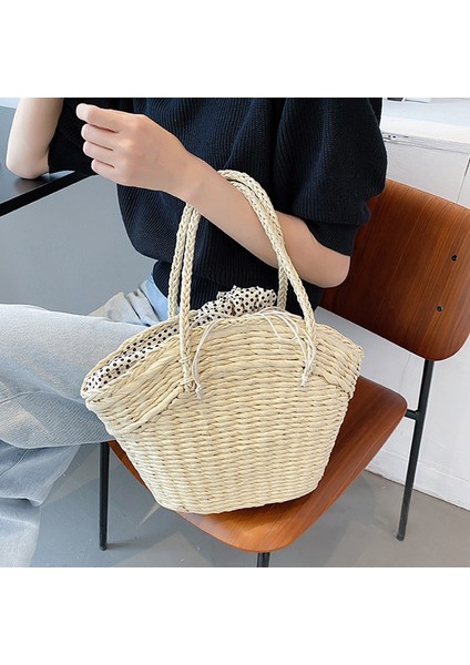 583-HAKI Resim Olarak Rahat Rattan Büyük Kapasiteli Tote Hasır Dokuma Kadın Çanta El Yapımı Yaz Plaj Hasır Kabuk Çanta Bayan Alışveriş Seyahat Çantası (Yurt Dışından) modelleri