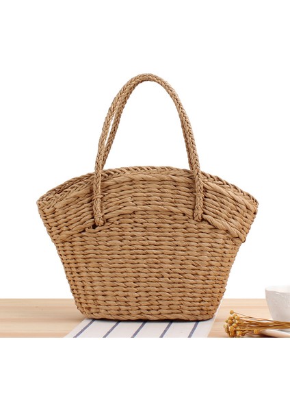 583-HAKI Resim Olarak Rahat Rattan Büyük Kapasiteli Tote Hasır Dokuma Kadın Çanta El Yapımı Yaz Plaj Hasır Kabuk Çanta Bayan Alışveriş Seyahat Çantası (Yurt Dışından) fırsatları