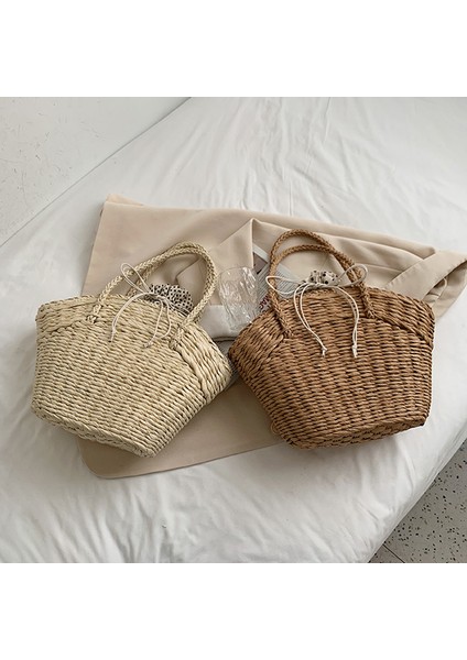 583-HAKI Resim Olarak Rahat Rattan Büyük Kapasiteli Tote Hasır Dokuma Kadın Çanta El Yapımı Yaz Plaj Hasır Kabuk Çanta Bayan Alışveriş Seyahat Çantası (Yurt Dışından) indirimleri