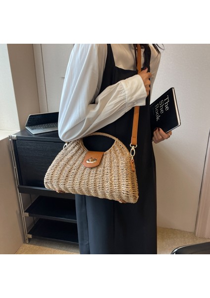 Haki Kadın Crossbody Çanta Yaz Dokuma Kabuk Üst Saplı Çanta El Yapımı Moda Tatil Rahat Basit Zarif Bayan Hasır Çanta (Yurt Dışından) fırsatları