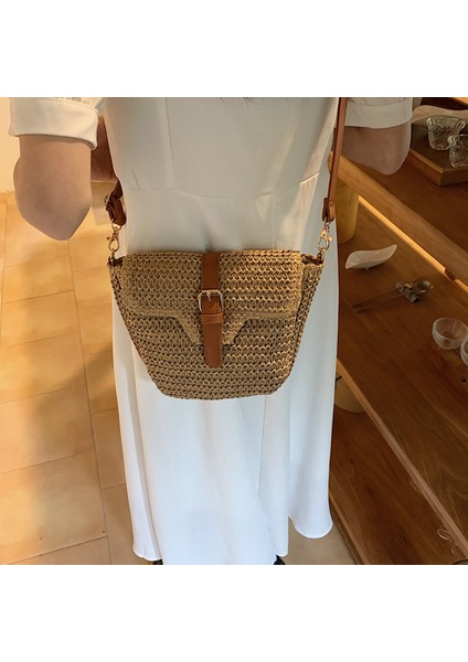 Haki Kadın Crossbody Çanta Yaz Dokuma Kabuk Üst Saplı Çanta El Yapımı Moda Tatil Rahat Basit Zarif Bayan Hasır Çanta (Yurt Dışından) indirimleri