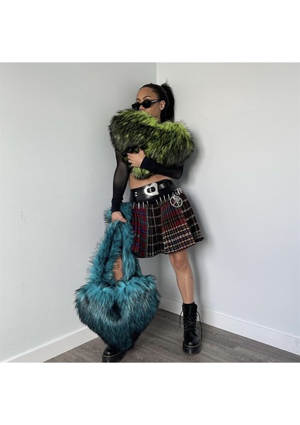 Küçük Yeşil Taklit Kürk Omuz Çantası Kalp Şeklinde Kabarık Peluş Crossbody Çanta Kadınlar Için Büyük Boy Bez Çantalar Lady Shopper Vintage Gotik Çantalar (Yurt Dışından) indirimleri