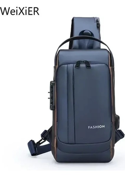 1818 Mavi Erkekler Anti Hırsızlık Göğüs Çantası Omuz Çantaları USB Şarj Crossbody Paketi Okul Kısa Seyahat Haberciler Çanta Erkek Oxford Sling Paketi (Yurt Dışından)