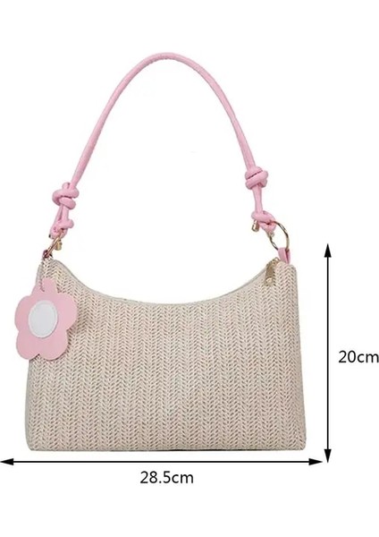 Pembe Hasır Çanta Yaz Plaj Omuz Çantaları Kadınlar Için 2023 Rafya Lüks Tasarımcı Çanta Bayanlar Halat Askı Seyahat Boho Çanta Tatil (Yurt Dışından)