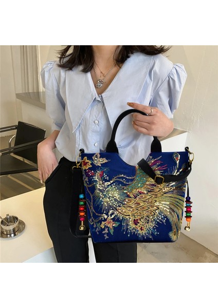 Siyah Tavuskuşu Nakış Çanta Kanvas Üst Kolu Büyük Kapasiteli Zarif Zarif Çanta Alışveriş Kadın Crossbody Çanta (Yurt Dışından) fiyatları