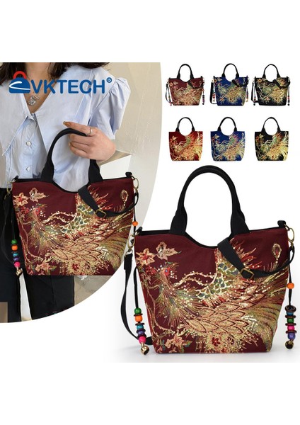 Siyah Tavuskuşu Nakış Çanta Kanvas Üst Kolu Büyük Kapasiteli Zarif Zarif Çanta Alışveriş Kadın Crossbody Çanta (Yurt Dışından) modelleri