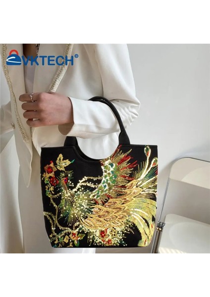 Siyah Tavuskuşu Nakış Çanta Kanvas Üst Kolu Büyük Kapasiteli Zarif Zarif Çanta Alışveriş Kadın Crossbody Çanta (Yurt Dışından) fırsatları