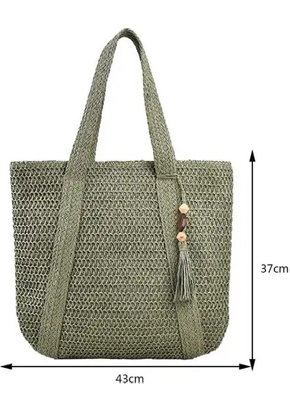 Yeşil Zarif Bayanlar Hasır Dokuma Çanta Kadın Tatil Plaj Işe Gidip Gelme Rahat Tote En Saplı Çanta Moda Retro Omuz Çantaları 2023 (Yurt Dışından)