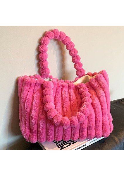 Gül Kırmızı Bir Peluş Tote Çanta Kadınlar Için Kış Kabarık Omuz Çantası Rahat Taklit Kürk Çanta Büyük Kürklü Alışveriş Çantası Şık Seyahat Çantası 2023 Yeni (Yurt Dışından)