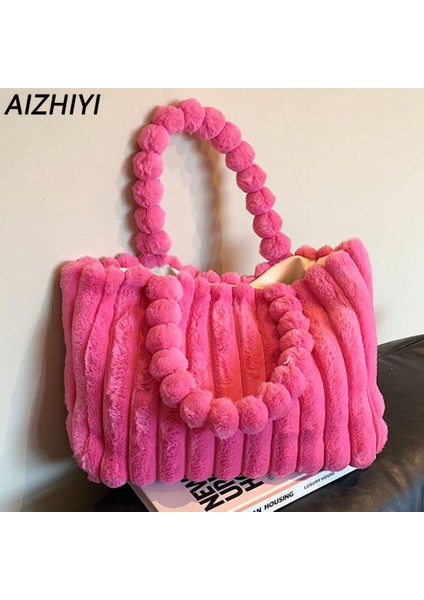 Gül Kırmızı Bir Peluş Tote Çanta Kadınlar Için Kış Kabarık Omuz Çantası Rahat Taklit Kürk Çanta Büyük Kürklü Alışveriş Çantası Şık Seyahat Çantası 2023 Yeni (Yurt Dışından) modelleri