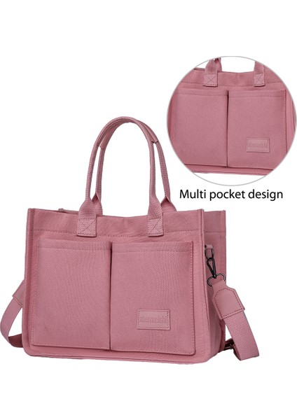 Pembe Kadın Moda Omuz Çantası Büyük Kapasiteli Kanvas Şık Messenger Çanta Ayarlanabilir Askı Çok Cepler Kare Işe Gidiş Çantası (Yurt Dışından) modelleri