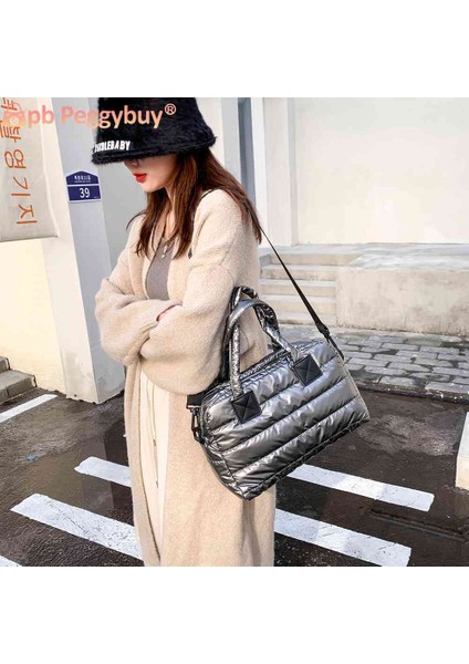 Gümüş Kadın Üst Saplı Çanta Kadın Saf Renk Naylon Crossbody Çanta Rahat Bayanlar Kapitone Omuz Çantaları Alışveriş Seyahat Için (Yurt Dışından) modelleri