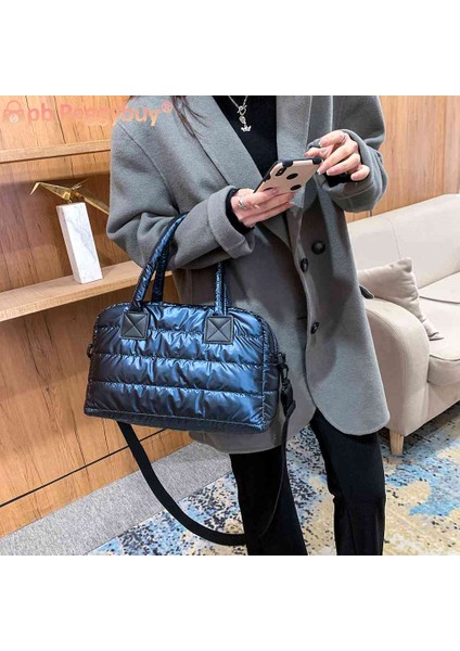 Gümüş Kadın Üst Saplı Çanta Kadın Saf Renk Naylon Crossbody Çanta Rahat Bayanlar Kapitone Omuz Çantaları Alışveriş Seyahat Için (Yurt Dışından) fırsatları