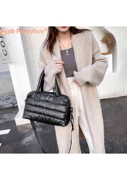 Gümüş Kadın Üst Saplı Çanta Kadın Saf Renk Naylon Crossbody Çanta Rahat Bayanlar Kapitone Omuz Çantaları Alışveriş Seyahat Için (Yurt Dışından) indirimleri