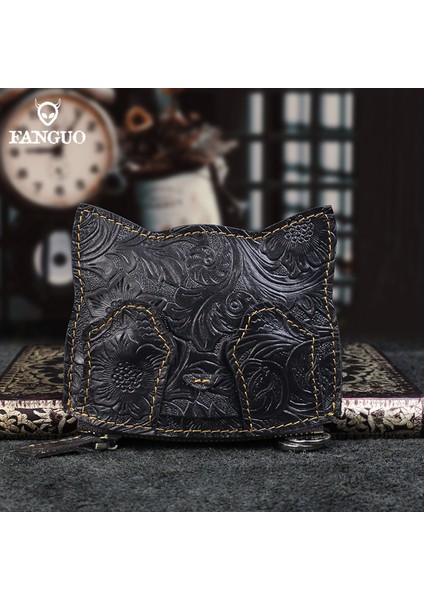 Siyah El Yapımı Hakiki Deri Bozuk Para Cüzdanı Küçük Mini Kart Yuvası Cep Para Çantası Sevimli Kedi Taşınabilir Organizatör Anahtar Kart Cüzdan (Yurt Dışından)