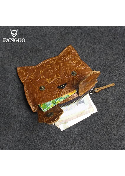 Siyah El Yapımı Hakiki Deri Bozuk Para Cüzdanı Küçük Mini Kart Yuvası Cep Para Çantası Sevimli Kedi Taşınabilir Organizatör Anahtar Kart Cüzdan (Yurt Dışından) modelleri