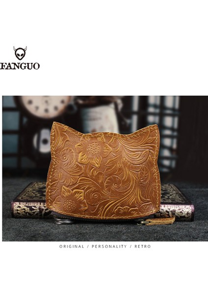 Siyah El Yapımı Hakiki Deri Bozuk Para Cüzdanı Küçük Mini Kart Yuvası Cep Para Çantası Sevimli Kedi Taşınabilir Organizatör Anahtar Kart Cüzdan (Yurt Dışından) fırsatları