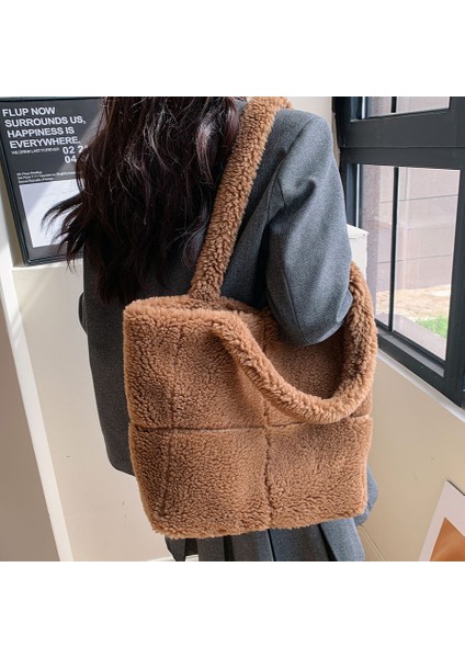 Gri Kuzu Yünü Kare Tote Çanta Kadın Peluş Düz Renk Omuz Çantası Kabarık Büyük Bayanlar Koltuk Altı Çanta Yüksek Kapasiteli Alışveriş Koltukaltı Çantası (Yurt Dışından) fiyatları