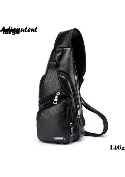 C-Siyah Erkek Göğüs Çantası Kulaklık Delikli USB Şarj Çantaları Çok Fonksiyonlu Sling Çanta Anti Hırsızlık Seyahat Paketi Erkek Iş Omuz Çantaları (Yurt Dışından)