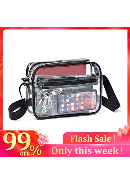 Siyah Kadın Pvc Temizle Su Geçirmez Küçük Çanta Taşınabilir Seyahat Stadyum Onaylı Fermuar Omuz Crossbody Çanta Tuvalet Çantası (Yurt Dışından) modelleri