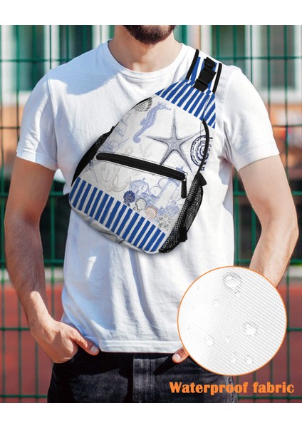 28CMX10CMX38CM Deniz Çizgili Okyanus Kabukları Denizyıldızı Çapa Göğüs Çanta Kadın Erkek Su Geçirmez Omuz Çantası Açık Seyahat Spor Crossbody Çanta (Yurt Dışından)