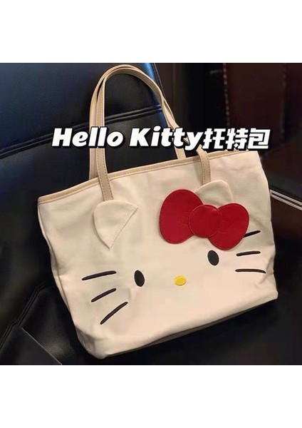 40CMX28CMX13CM Hello Kitty Kanvas Çanta Kadın Yeni Moda Büyük Kapasiteli Çanta Karikatür Omuz Alışveriş Çantası Kolej Tarzı Tote Çanta (Yurt Dışından)
