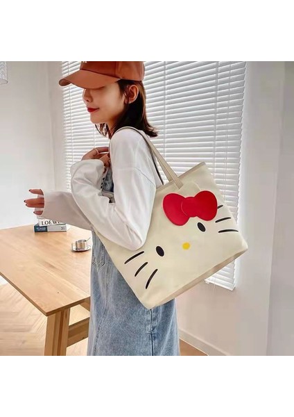 40CMX28CMX13CM Hello Kitty Kanvas Çanta Kadın Yeni Moda Büyük Kapasiteli Çanta Karikatür Omuz Alışveriş Çantası Kolej Tarzı Tote Çanta (Yurt Dışından) fırsatları