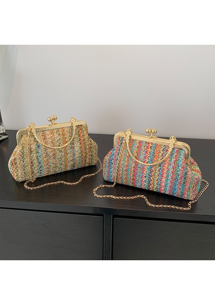 B Çok Renkli Moda Tasarımcısı Çanta Lüks Kadın Çanta Akşam Debriyaj Renkli Saman Dokuma Kabuk Çanta Plaj Tatil Crossbody Çanta Omuz Çantası (Yurt Dışından) modelleri