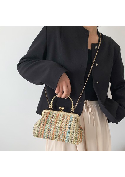 B Çok Renkli Moda Tasarımcısı Çanta Lüks Kadın Çanta Akşam Debriyaj Renkli Saman Dokuma Kabuk Çanta Plaj Tatil Crossbody Çanta Omuz Çantası (Yurt Dışından) fırsatları