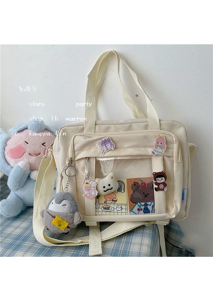 Beyaz Rozet Penguen Kore Kadın Haberci Çantası Basit Çok Fonksiyonlu Kadın Üniversite Öğrencisi Tarzı Büyük Kapasiteli Taşınabilir Bir Omuz Çapraz (Yurt Dışından)