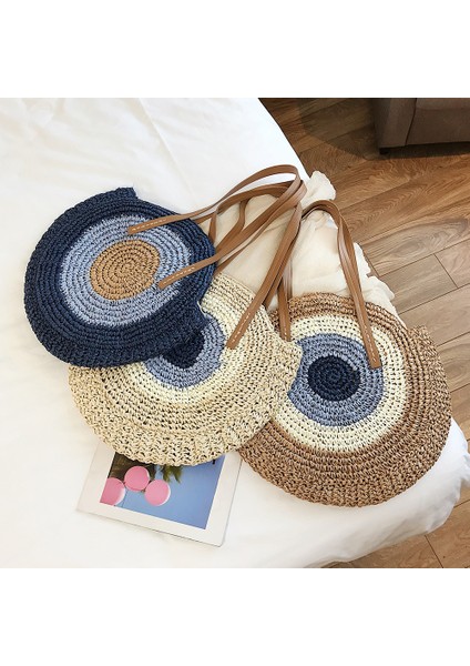 Bej Yaz Yuvarlak Hasır Kamış Örgü Çanta Renk Ekleme El Yapımı Dokuma Plaj Kadın Messenger Omuz Crossbody Bez Çantalar Çanta Seyahat (Yurt Dışından) modelleri