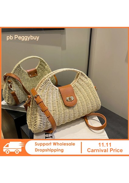 Haki Kadın Crossbody Çanta Yaz Dokuma Kabuk Üst Saplı Çanta El Yapımı Moda Tatil Rahat Basit Zarif Bayan Hasır Çanta (Yurt Dışından) fiyatları