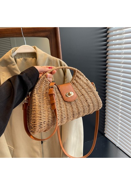 Haki Kadın Crossbody Çanta Yaz Dokuma Kabuk Üst Saplı Çanta El Yapımı Moda Tatil Rahat Basit Zarif Bayan Hasır Çanta (Yurt Dışından) modelleri
