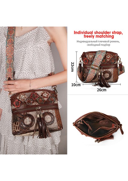 050010251-1 Kadın Deri Çanta Tasarımcısı Marka Bohemian Crossbody Çanta Hakiki Deri Retro Lüks Omuz Bayan Püsküllü Çanta Etnik Tarzı (Yurt Dışından)