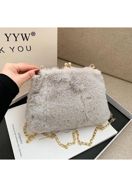 Açık Gri Altın Zincir Kürklü Kadın Omuz Çantaları Lüks Sahte Kürk Crossbody Messenger Çanta Küçük Çanta 2021 Tasarımcı Yumuşak Peluş Çanta Yeni (Yurt Dışından)